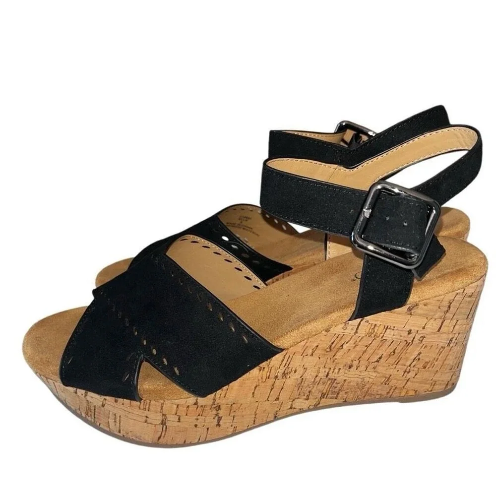 Pesaro Elle Black Faux Suede Cork Wedge‎ Sandals Perforated Strappy Size 8